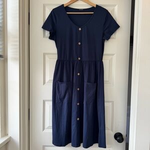 NWOT Short Sleeve V-Neck Button-Down Blue Dress. Has Pockets and Never Worn!